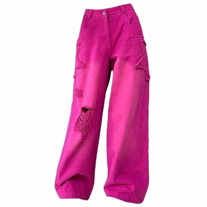 00s Kids Pink Star Ripped Baggy Jeans - Cute 2000s Outfits & Y2k Fashion