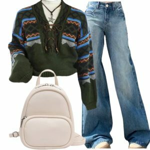 90s Outfit: Forest Fair Isle Lace-Up Sweater + Light Wash Wide-Leg Denim + Y2K Candy Color Backpack