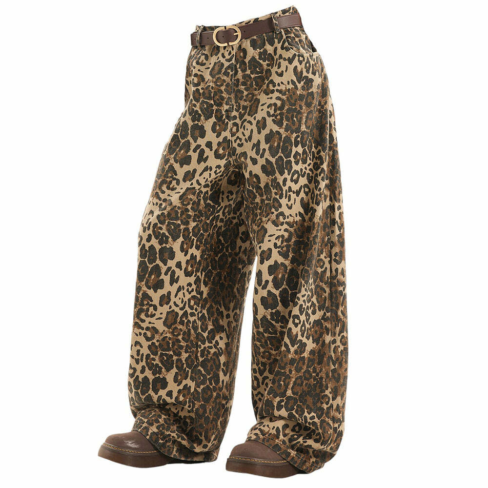 Animal Instincts Leopard Print Wide-Leg Pants - Y2K Fashion Outfit 2000s