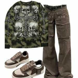 Arctic Edge Cargo Pants + Gothic Cross Skull Print Long Sleeve + Y2K Outfit