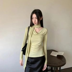 Asymmetrical Drape Neck Top - Trendy Y2K Fashion Outfit for Fall 2000s