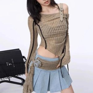 Asymmetrical Strap Detail Knit Top - Trendy Y2K Fashion Outfit for Fall