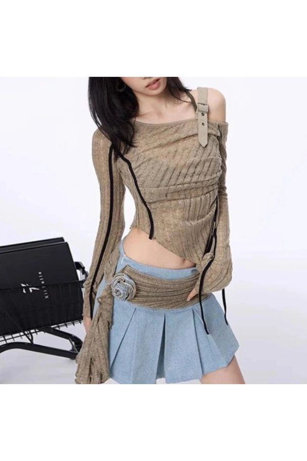 Asymmetrical Strap Detail Knit Top - Trendy Y2K Fashion Outfit for Fall