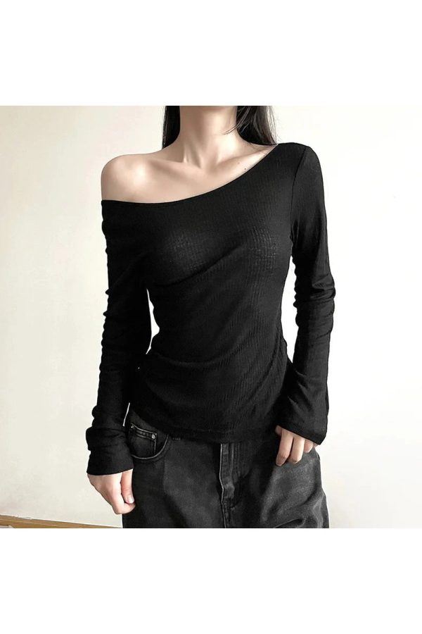 Black Off-Shoulder Ribbed Top - Cute 2000s Outfits & Y2K Fashion