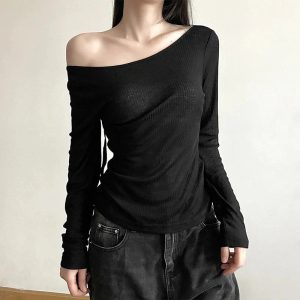 Black Off-Shoulder Ribbed Top - Cute 2000s Outfits & Y2K Fashion