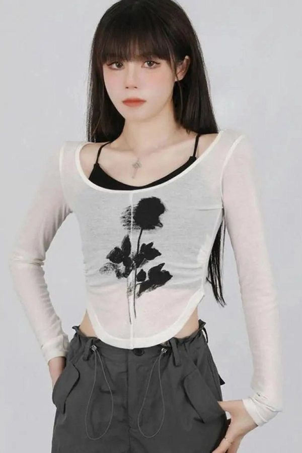 Black Rose Sheer Layered Top - Cute 2000s Outfits & Y2K Fashion Inspiration