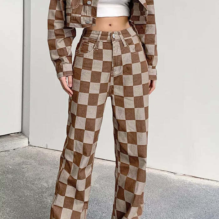 Brown Checkered Jeans - Trendy 2000s Fashion Outfit for Y2K Aesthetic