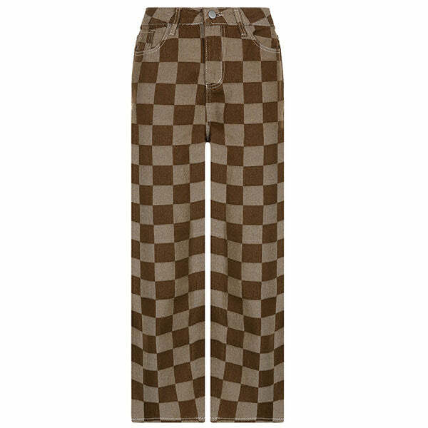 Brown Checkered Jeans - Trendy 2000s Fashion Outfit for Y2K Aesthetic