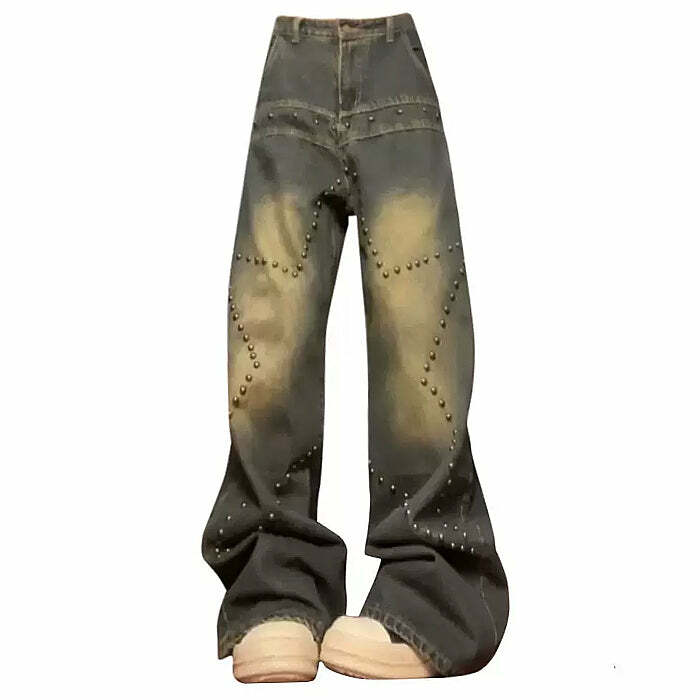 Brown Star Rivet Jeans - Y2K Flair Jeans Outfit for 2000s Fashion