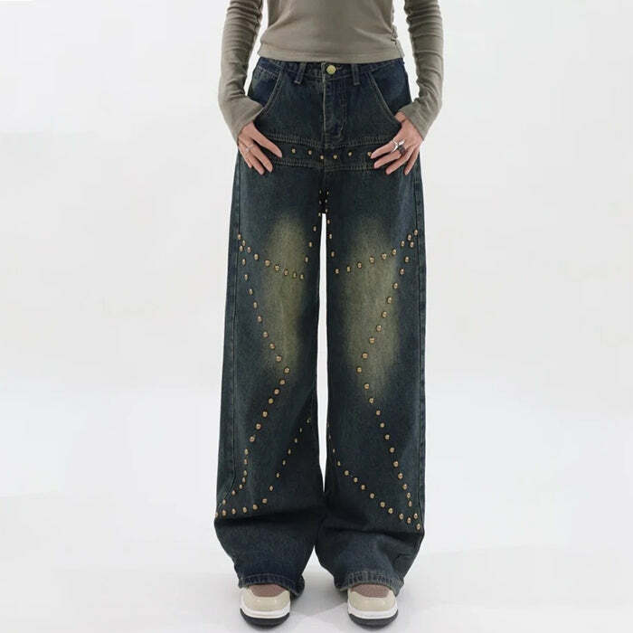 Brown Star Rivet Jeans - Y2K Flair Jeans Outfit for 2000s Fashion