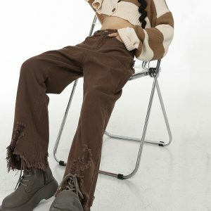 Brown Straight Leg Distressed Jeans - Cute 2000s Outfits & Y2K Fashion