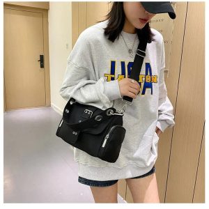 Buckled Utility Shoulder Bag - Trendy 2000s Fashion Outfits for Y2K Style