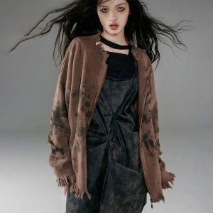 Burnt Earth Distressed Zip-Up Hoodie - Y2K Fashion Outfit for Fall 2000s