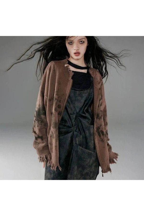 Burnt Earth Distressed Zip-Up Hoodie - Y2K Fashion Outfit for Fall 2000s