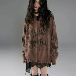 Burnt Earth Distressed Zip-Up Hoodie - Y2K Fashion Outfit for Fall 2000s