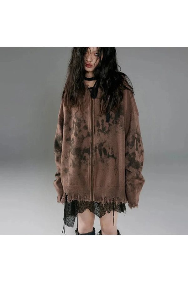 Burnt Earth Distressed Zip-Up Hoodie - Y2K Fashion Outfit for Fall 2000s