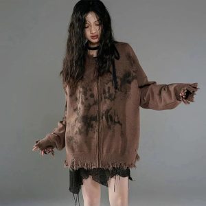 Burnt Earth Distressed Zip-Up Hoodie - Y2K Fashion Outfit for Fall 2000s