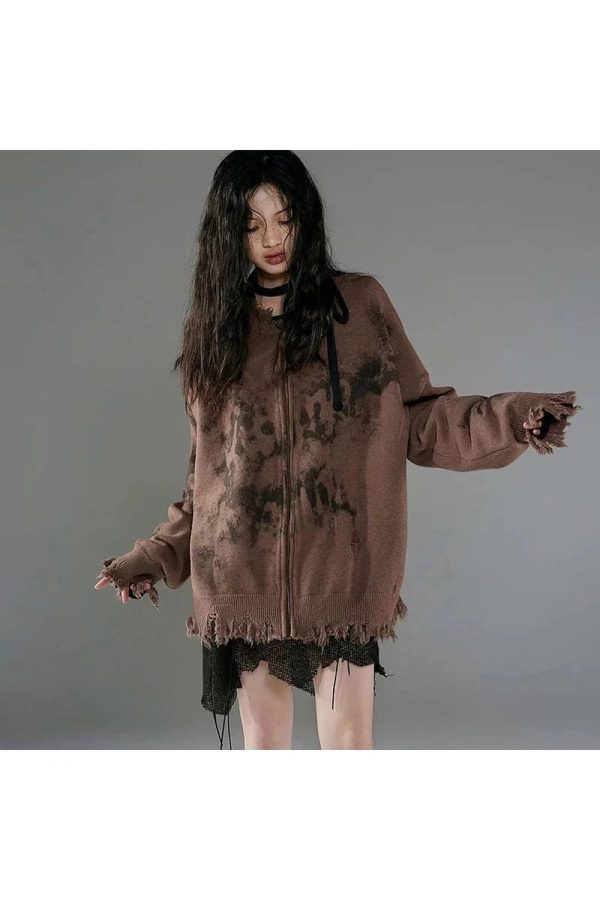 Burnt Earth Distressed Zip-Up Hoodie - Y2K Fashion Outfit for Fall 2000s