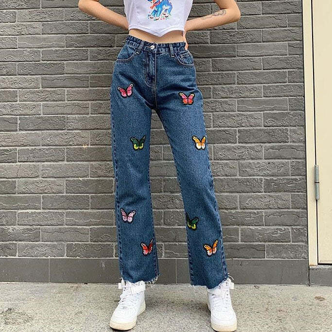 Butterfly Embroidery Jeans - Iconic Y2K Fashion Outfit for Fall 2000s