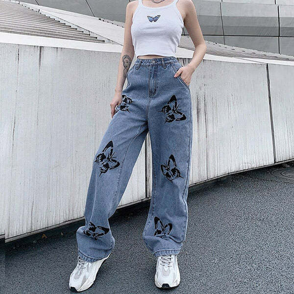 Butterfly Print Jeans - Cute 2000s Outfits, Y2K Fashion, Flair Jeans Outfit