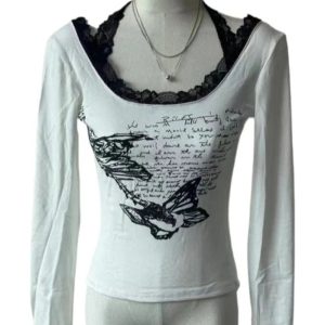 Butterfly Script Lace-Trim Top - Iconic Y2K Fashion Outfit for Fall 2000s