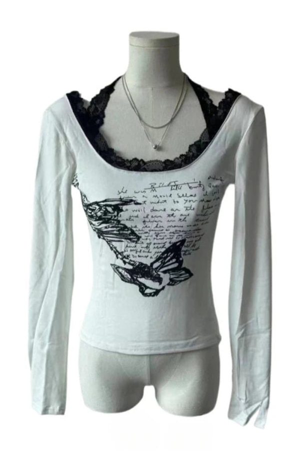 Butterfly Script Lace-Trim Top - Iconic Y2K Fashion Outfit for Fall 2000s