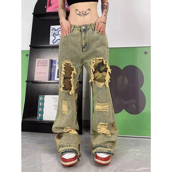 Camo Patchwork Distressed Jeans - Trendy Y2K Fashion Outfit for Women