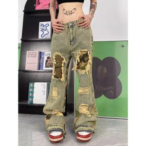 Camo Patchwork Distressed Jeans - Trendy Y2K Fashion Outfit for Women