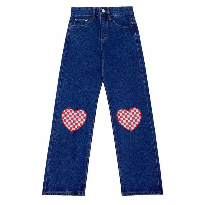 Checker Heart Wide Jeans - Y2K Flair Jeans Outfit, 2000s Fashion Inspiration