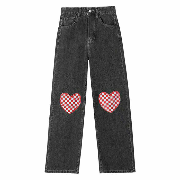 Checker Heart Wide Jeans - Y2K Flair Jeans Outfit, 2000s Fashion Inspiration