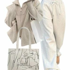 Cozy Neutral Zip-Up Sweater & Vintage Gray Jogging Pants Y2K Outfit