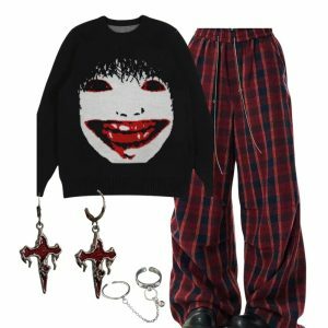 Creepy Smile Knit Sweater & Classic Plaid Baggy Lounge Pants Y2K Outfit