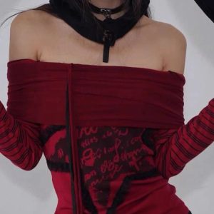 Crimson Chaos Off-Shoulder Top - Iconic Y2K Fashion Outfit for Fall