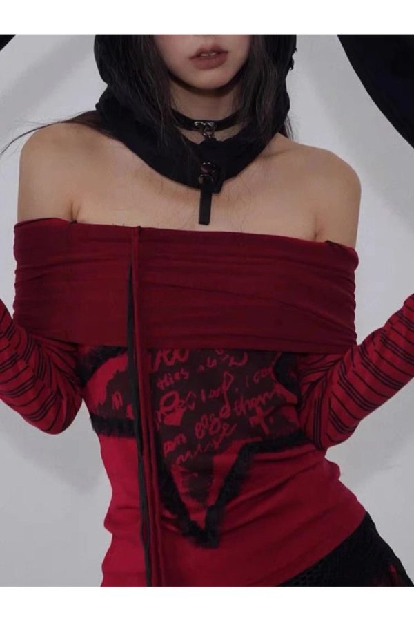 Crimson Chaos Off-Shoulder Top - Iconic Y2K Fashion Outfit for Fall