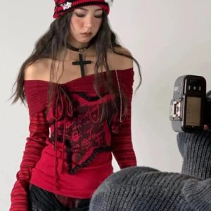 Crimson Chaos Off-Shoulder Top - Iconic Y2K Fashion Outfit for Fall