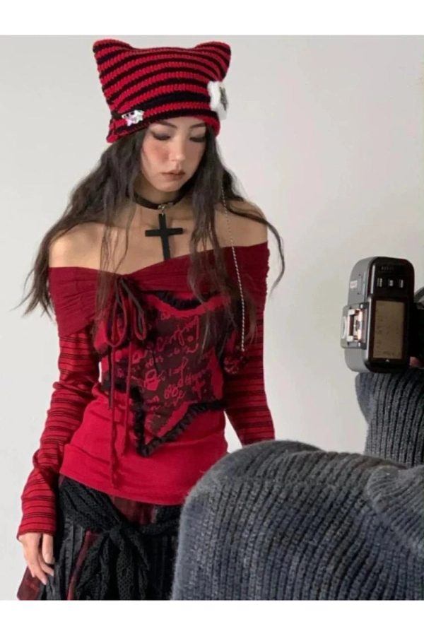 Crimson Chaos Off-Shoulder Top - Iconic Y2K Fashion Outfit for Fall