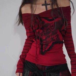 Crimson Chaos Off-Shoulder Top - Iconic Y2K Fashion Outfit for Fall