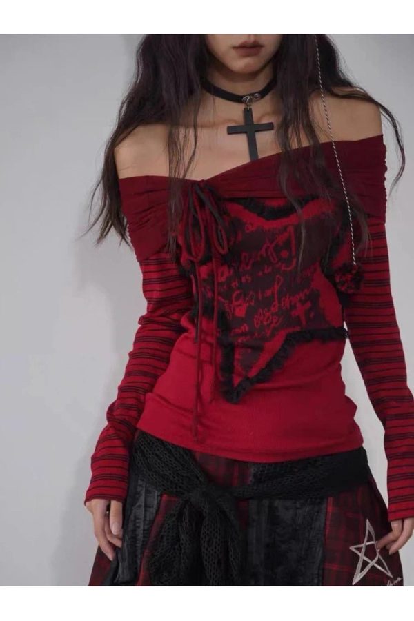 Crimson Chaos Off-Shoulder Top - Iconic Y2K Fashion Outfit for Fall