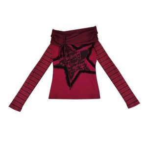 Crimson Chaos Off-Shoulder Top - Iconic Y2K Fashion Outfit for Fall