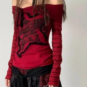 Crimson Chaos Off-Shoulder Top - Iconic Y2K Fashion Outfit for Fall