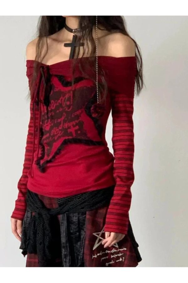 Crimson Chaos Off-Shoulder Top - Iconic Y2K Fashion Outfit for Fall