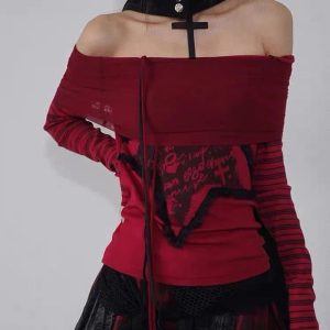 Crimson Chaos Off-Shoulder Top - Iconic Y2K Fashion Outfit for Fall