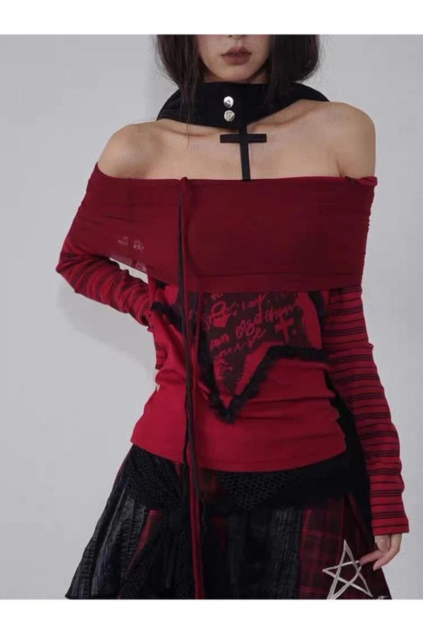 Crimson Chaos Off-Shoulder Top - Iconic Y2K Fashion Outfit for Fall