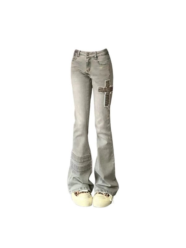 Cross Patch Flare Denim Jeans - Iconic Y2K Fashion Outfit for Fall 2000s