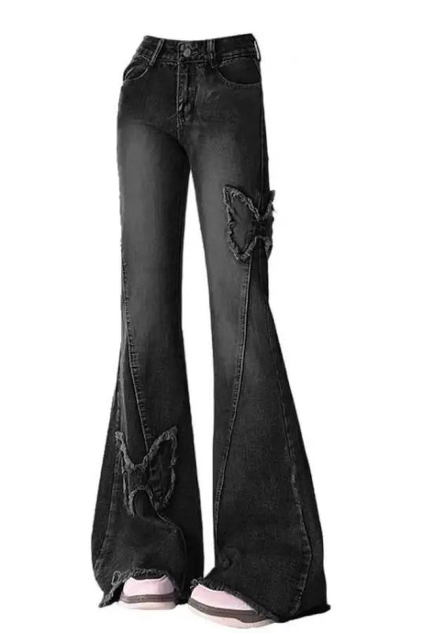 Dark Butterfly Flare Jeans - Iconic Y2K Fashion Outfit for Fall 2000s Style