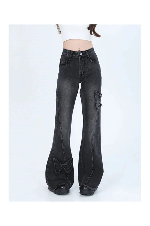 Dark Butterfly Flare Jeans - Iconic Y2K Fashion Outfit for Fall 2000s Style