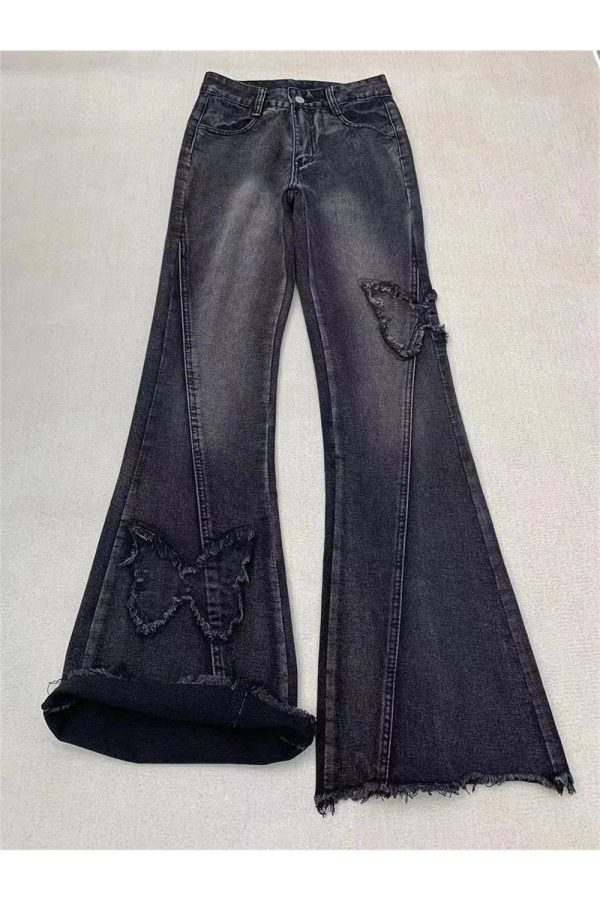 Dark Butterfly Flare Jeans - Iconic Y2K Fashion Outfit for Fall 2000s Style