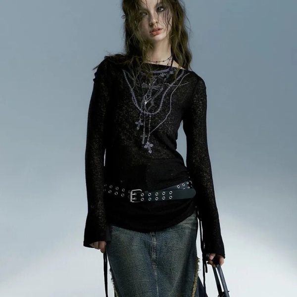 Dark Crucifix Long Sleeve Top - Y2K Fashion Outfit for 2000s Aesthetic