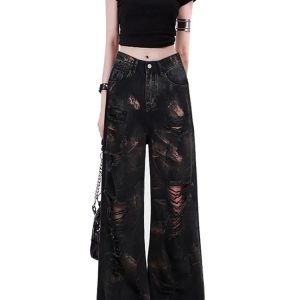 Dark Distortion Ripped Jeans - Iconic Y2K Fashion Outfits for Women