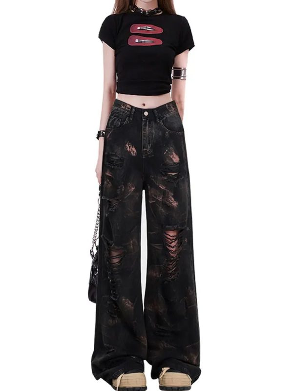 Dark Distortion Ripped Jeans - Iconic Y2K Fashion Outfits for Women